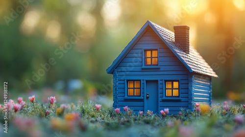 Miniature blue house in a garden surrounded by flowers during golden hour