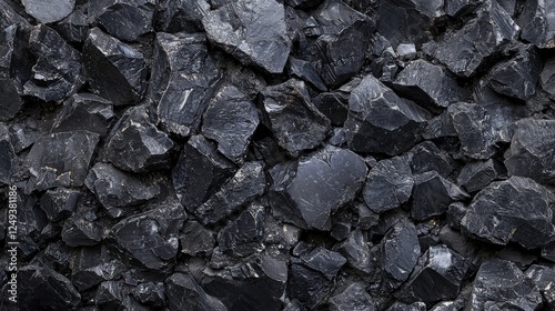 A close-up view of a large pile of black coal on a textured surface under natural light photo