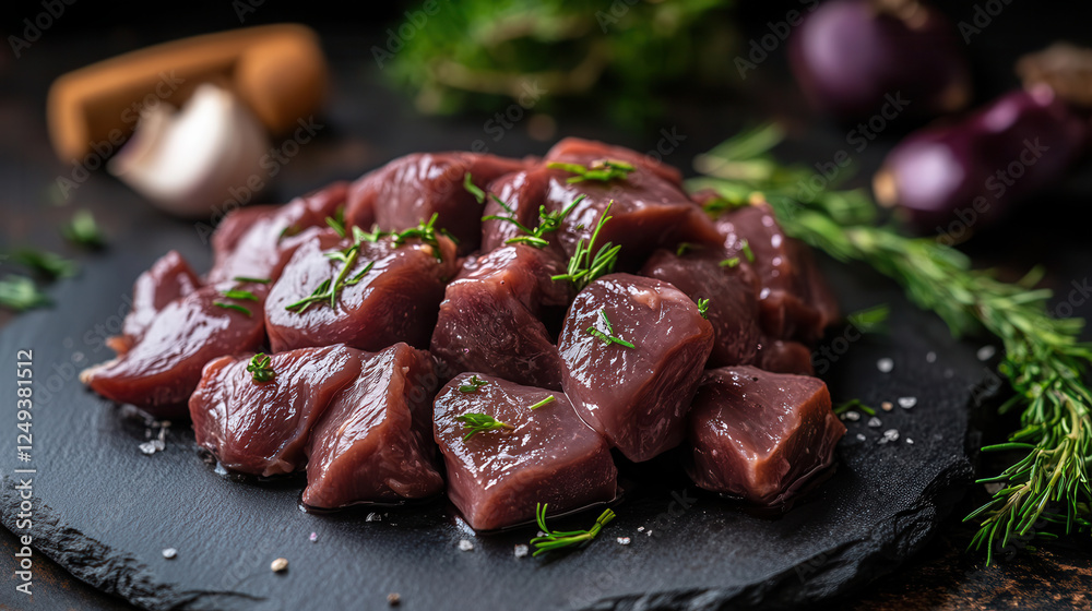 Raw chicken liver arranged on a dark background with herbs, perfect for culinary enthusiasts and food styling. pork liver, beef Raw chicken liver arranged on a dark background with herbs, perfect for culinary enthusiasts and food styling. pork liver, beef