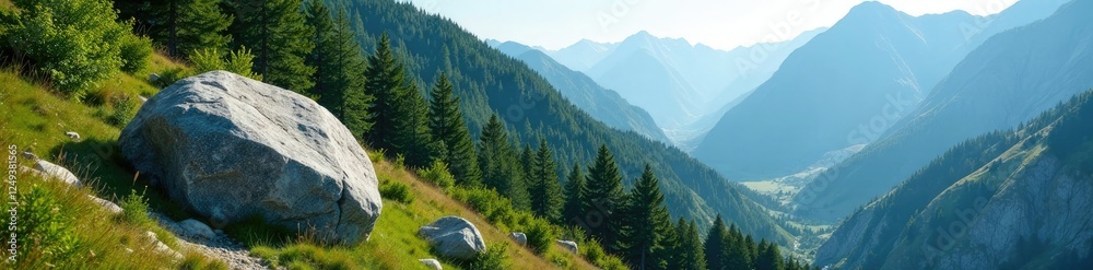 Mountainous slope with a large stone at its base, landform, forest Mountainous slope with a large stone at its base, landform, forest