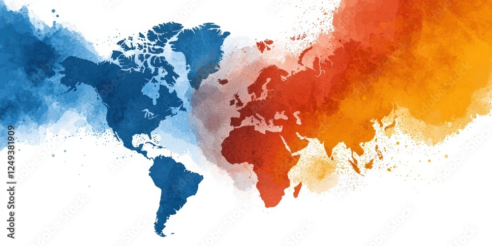 Fototapeta premium A colorful world map illustration with splashes of blue, orange, and other hues, representing global diversity and interconnectedness.
