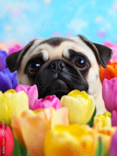 Cute Dog Surrounded by Colorful Flowers - A charming pug peeks out from a vibrant field of tulips in various colors, creating a delightful and cheerful scene. photo