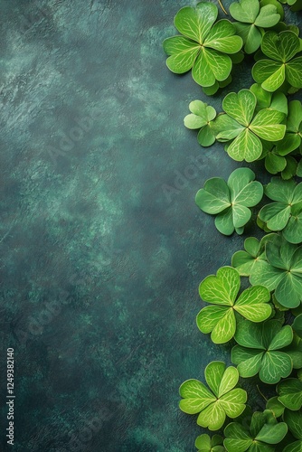 Celebration of greenery with clover leaves on a textured dark green background