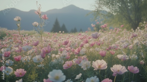 Colorful wildflower field under the soft glow of evening sunlight near the mo...