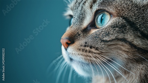 Close-up of a cat displaying vibrant blue eyes and detailed fur against a sof...