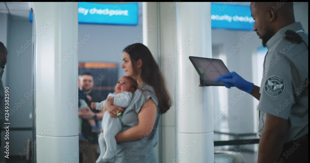 Airport Security Checkpoint: Family with Kids Passing Through Metal Detector Scanner Gates. Security Officers Controlling Passenger Scanning Procedure for Plane Flight Boarding, Using Tablet Computer.