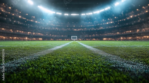 Brightly lit stadium field ready for an exciting soccer match at night in a l...