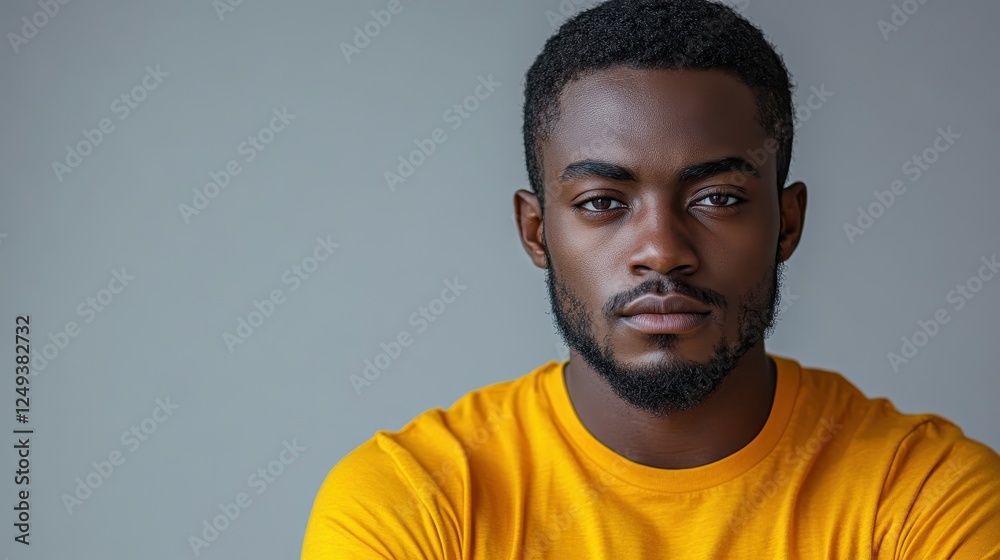 Obraz premium A serious young man in a yellow shirt poses against a neutral background.