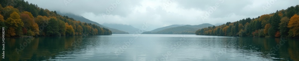 Overcast sky above expansive lake and surrounding trees, wood, Overcast sky above expansive lake and surrounding trees, wood,