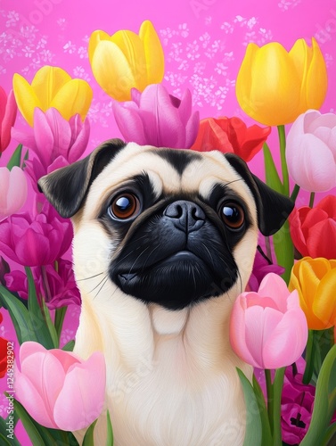 Cute Pug Surrounded by Colorful Tulips - This vibrant illustration features a cute pug with large eyes amidst a field of colorful tulips against a pink background. photo