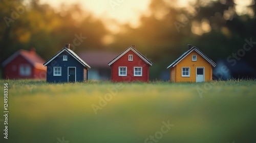 Colorful miniature houses in a serene landscape during golden hour light
