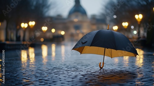 Wallpaper Mural A black and yellow umbrella resting on a wet cobblestone street during a rainy evening, surrounded by glowing streetlights and soft reflections, creating a cinematic and serene atmosphere Torontodigital.ca