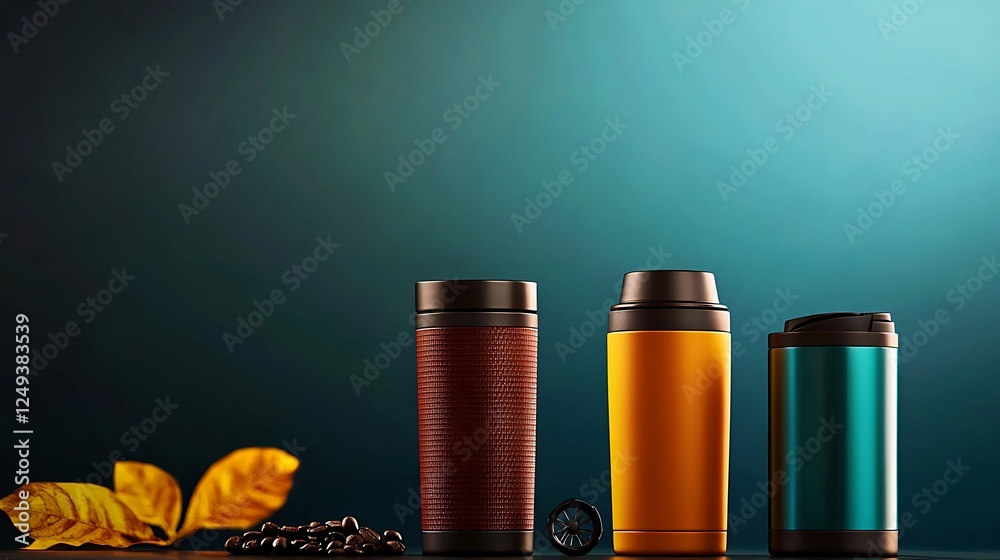 Fototapeta premium Three stylish travel mugs in vibrant colors against a gradient background with coffee beans