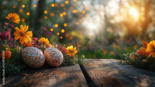 Colorful Easter eggs among flowers during sunset in a vibrant garden setting