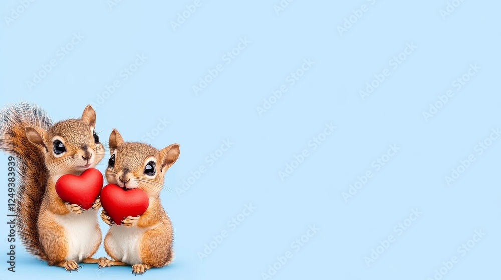 Fototapeta premium Cute Squirrels Holding Heart Shaped Red Icons - Two adorable squirrels are holding heart-shaped red icons against a soft blue background symbolizing love friendship joy togetherness affection.