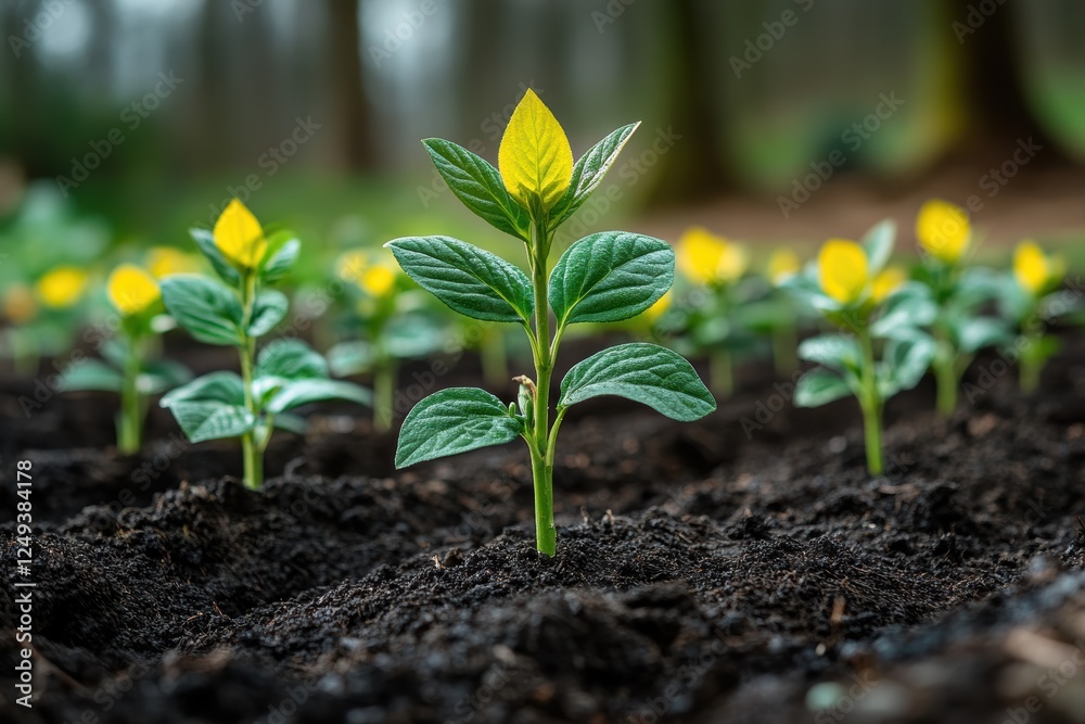 Young trees are being planted in a spring garden for future growth and beauty Young trees are being planted in a spring garden for future growth and beauty