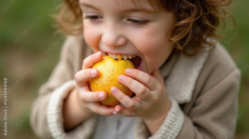 Child Enjoying a Yellow Apple in a Grassy Outdoor Setting During Daytime Child Enjoying a Yellow Apple in a Grassy Outdoor Setting During Daytime