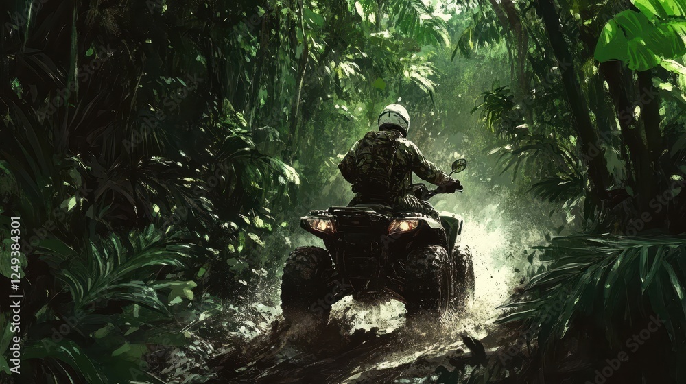 Jungle Adventure with ATV Rider in Dense Foliage Jungle Adventure with ATV Rider in Dense Foliage