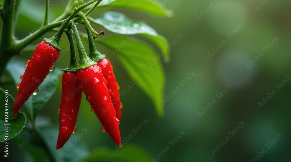 Bright Red Chili Peppers Growing on a Plant After Rainfall in a Lush Garden Bright Red Chili Peppers Growing on a Plant After Rainfall in a Lush Garden