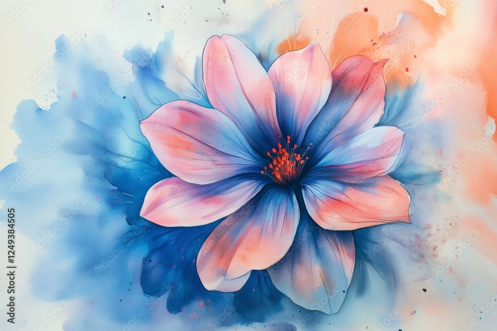 Elegant watercolor painting of a pink and blue floral blossom against a soft artistic background Elegant watercolor painting of a pink and blue floral blossom against a soft artistic background