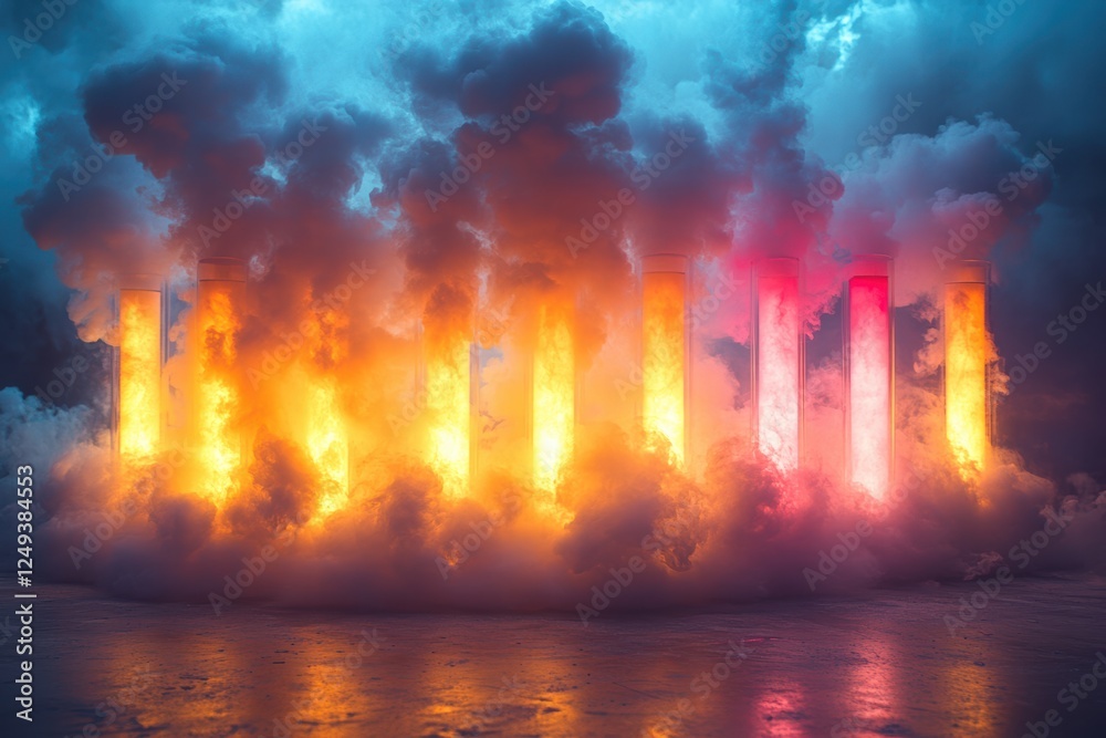 Fototapeta premium Spectacular science show with colorful smoke and light effects during a live demonstration