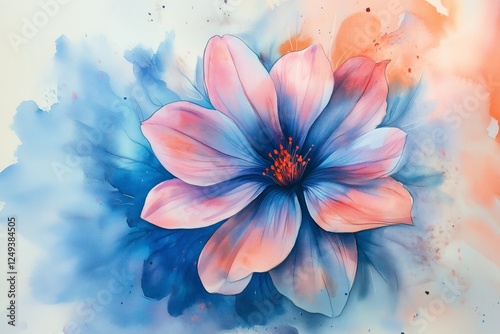 Elegant watercolor painting of a pink and blue floral blossom against a soft ...