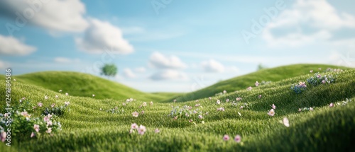 Serene meadow landscape with rolling green hills and wildflowers