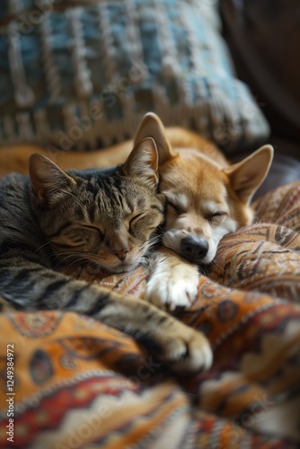 A cat and dog cuddling on a cozy blanket, radiating warmth and friendship. photo