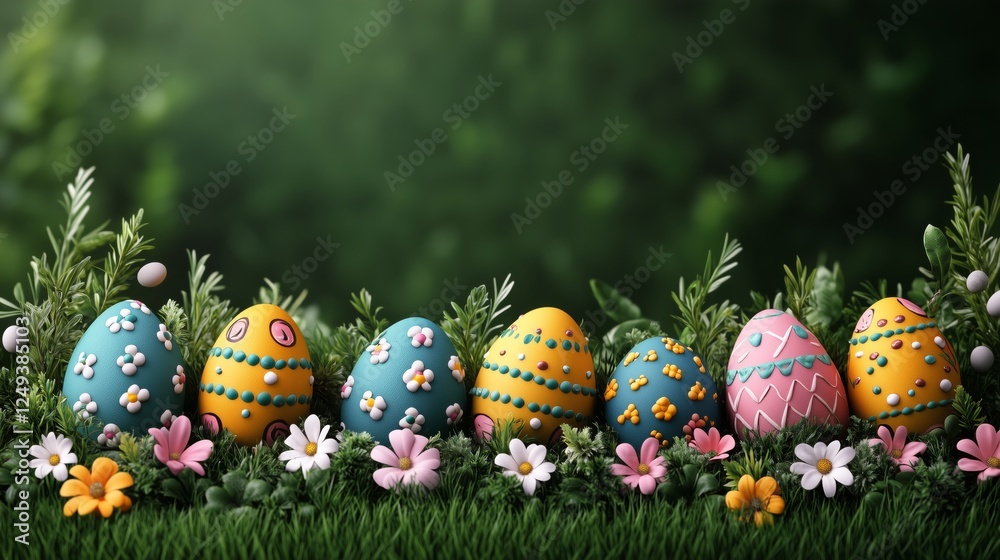Colorful Easter eggs arranged in a garden with blooms and greenery during springtime Colorful Easter eggs arranged in a garden with blooms and greenery during springtime