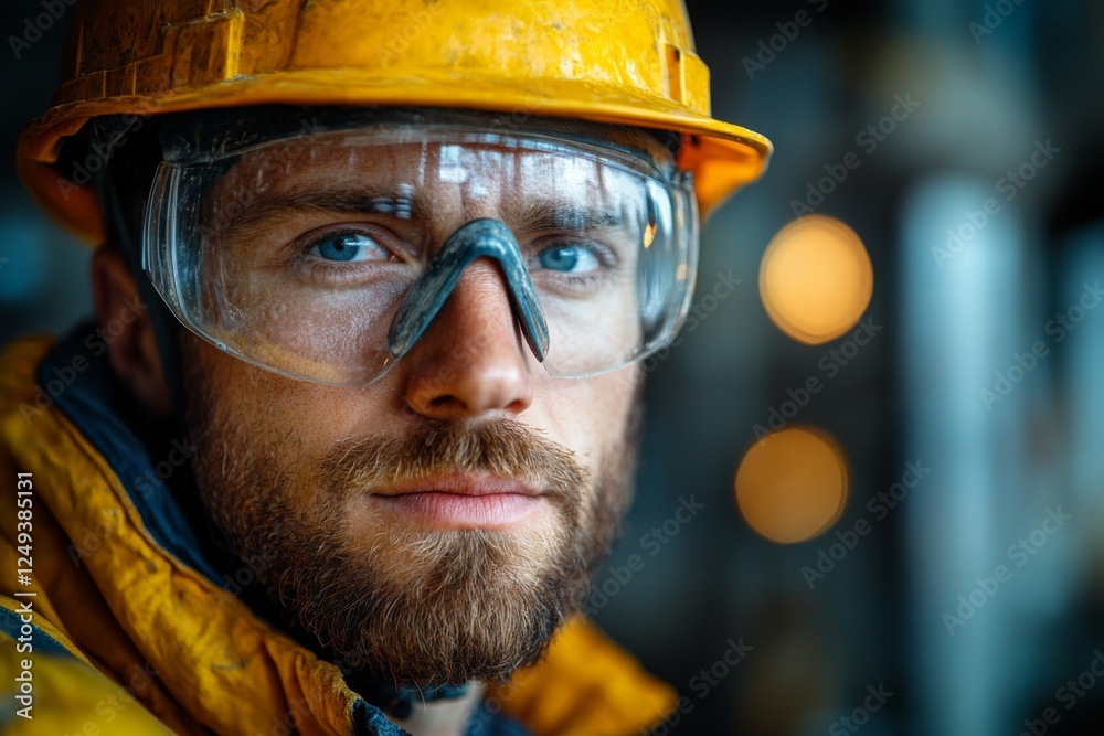 A focused worker in helmet and goggles stands in a construction site. Generative AI A focused worker in helmet and goggles stands in a construction site. Generative AI