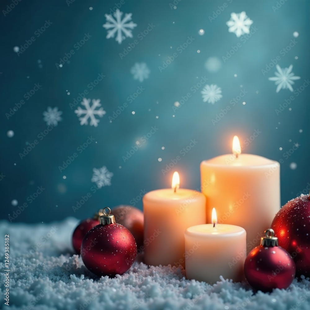 Snowflakes gently falling on festive candles and ornaments, glow, candles, decoration Snowflakes gently falling on festive candles and ornaments, glow, candles, decoration