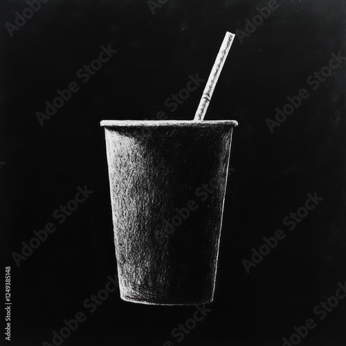 Chalk drawing of a paper cup with straw on a dark background.  Possible use Education or art print photo