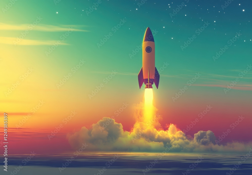 Obraz premium Pixelated Rocket Launch at Sunrise