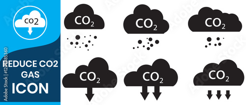 Reduce co2 gas icon set. carbon reduction cloud sign. cut co2 pictogram. zero carbon emission. zero greenhouse gas low co2 logo. Carbon dioxide emissions. vector illustration