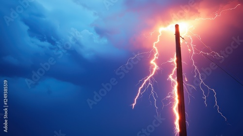 Danger of Heavy Storm Concept, Dramatic Lightning Strike Hitting Power Pole with Sparks Illuminating Stormy Sky During Thunderstorm
