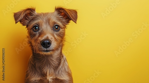 Brown dog with expressive eyes posing against a bright yellow background