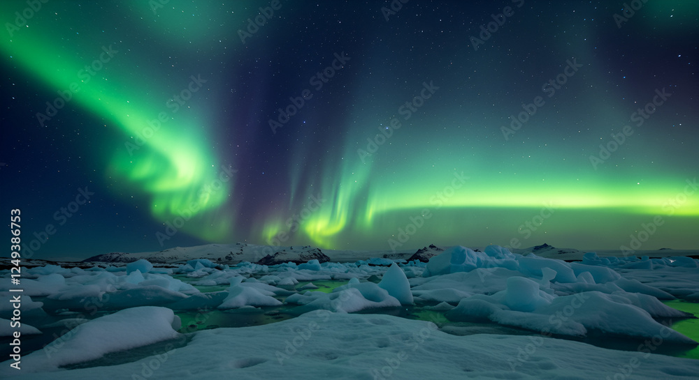 Naklejka premium Frozen Tundra with Jagged Icebergs Glowing Under an Ethereal Aurora Borealis