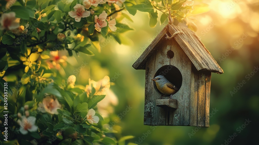 Springtime Birdhouse with Blossoms and Soft Sunlight. Rustic wooden birdhouse, spring blossoms, soft sunlight, bokeh effect. Springtime Birdhouse with Blossoms and Soft Sunlight. Rustic wooden birdhouse, spring blossoms, soft sunlight, bokeh effect.