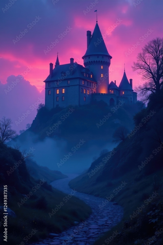 Twilight mist swirls around ancient castle walls, twilight, atmospheric Twilight mist swirls around ancient castle walls, twilight, atmospheric