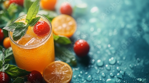 Refreshing summer cocktail with mint and citrus on a vibrant blue background