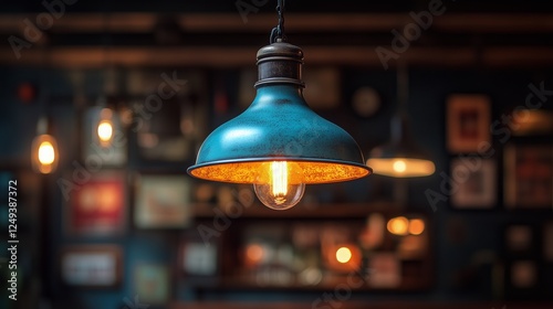 Vintage hanging light fixture illuminating a cozy indoor space at night