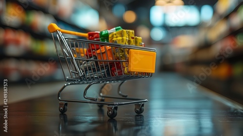 Shopping cart filled with colorful groceries in a modern supermarket aisle du...