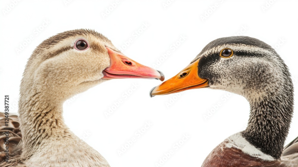 Two ducks facing each other in a natural setting near water Two ducks facing each other in a natural setting near water
