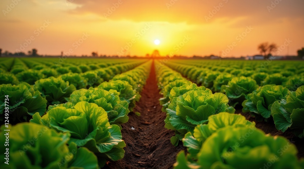 Fototapeta premium Rows of Fresh Lettuce Growing in a Field During Sunset in Rural Farmland