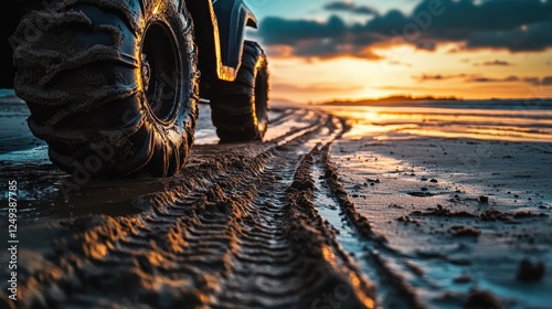 Sunset ATV Ride on Beach Leaving Deep Tire Tracks