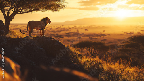 Majestic Lion at Sunset: Wildlife in the African Savanna
