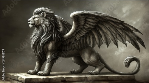 Majestic winged lion statue, fantasy art, dark background, game design photo