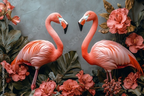 Two pink flamingos surrounded by vibrant flowers in a tropical setting