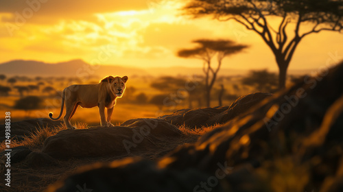 Majestic Lion at Sunset: Wildlife in the African Savanna photo