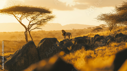 Majestic Lion at Sunset: Wildlife in the African Savanna